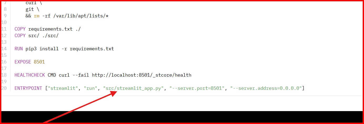 Picture showing the docker file where the entry point is mentioned